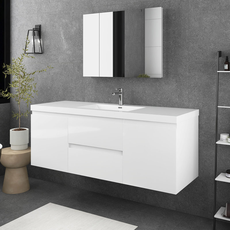 Meuble-lavabo mural simple 60 po avec plateau en résine Birkhild, Blanc
