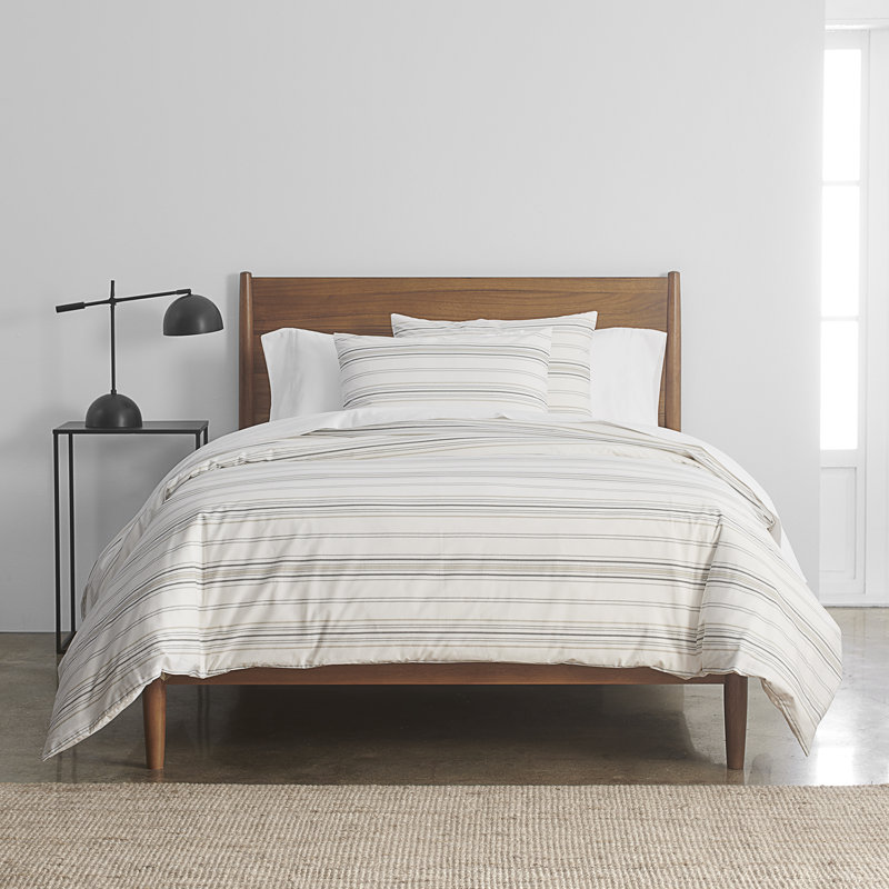 Beige Cotton Percale Ticking Stripe Full/Queen Duvet Set
