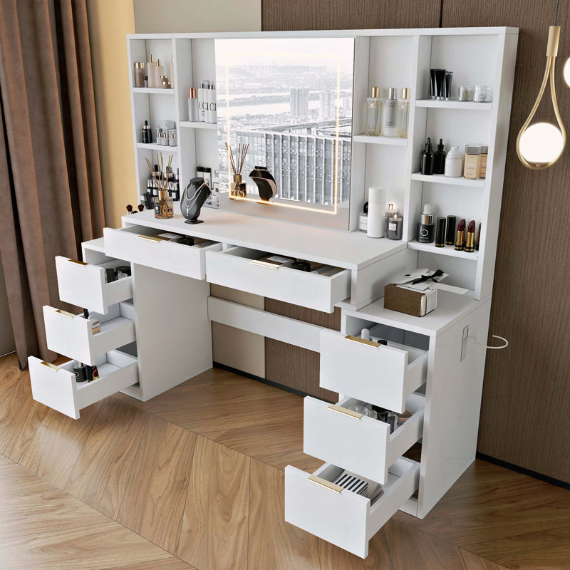 Bureau de maquillage avec miroir, lumières et rangement
