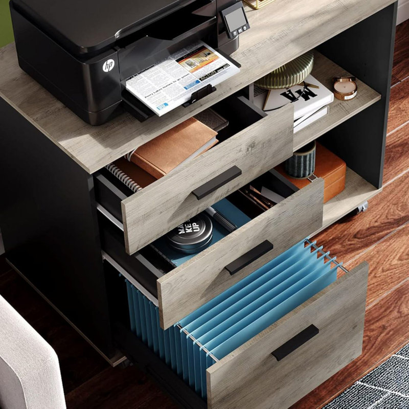 Greige 3-Drawer Wood Mobile Filing Cabinet with Open Shelves