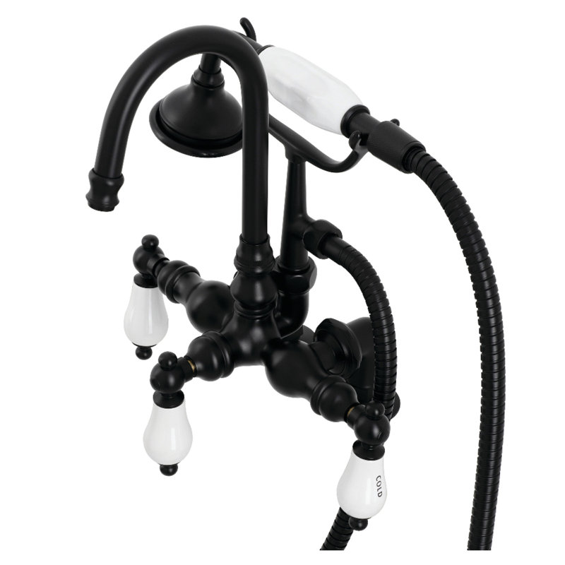 Kingston Brass Aqua Vintage Three-Handle 2-Hole Deck Mount Clawfoot Tub Faucet with Hand Shower, Oil Rubbed Bronze