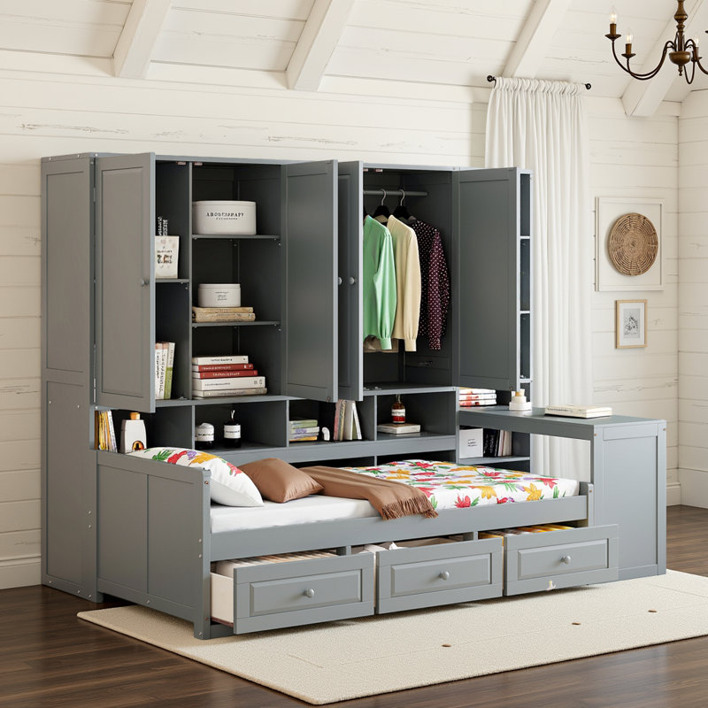 Lit de jour en bois avec bureau, armoires, tablettes ouvertes et tiroirs de rangement, lit multifonctionnel, Lit simple, Gris