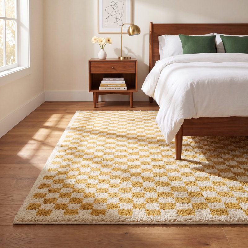 Walker Checkered Mustard/Cream Shag Area Rug, Rectangle 5'3" x 7'