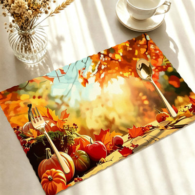 Autumn Placemats Set of 4 - Heat-Resistant Table Mats, for Indoor & Outdoor Dining,Orange Yellow Sunny Forest Pumpkins