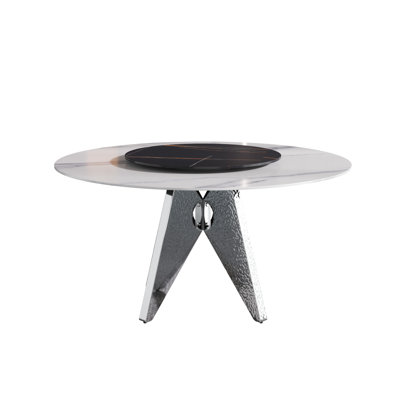 Table de salle à manger ronde de 58,08 po, base en acier inoxydable argenté, table tournante en pierre frittée noire de 31,5 po, peut accueillir 6 à 8 personnes, blanc moderne et noir contre les taches et les brûlures, 6 à 8 personnes,