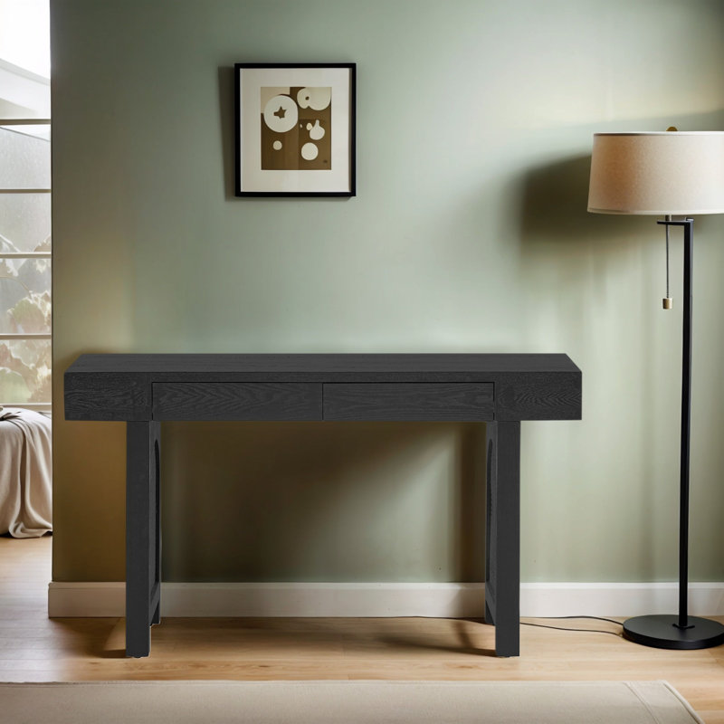 Rustic Narrow Console Table With Rattan Accent &2 Drawers, Entryway Table, Black