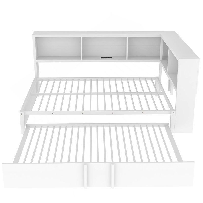 Lit de jour double en métal avec lit gigogne, armoires de rangement et ports USB, blanc
