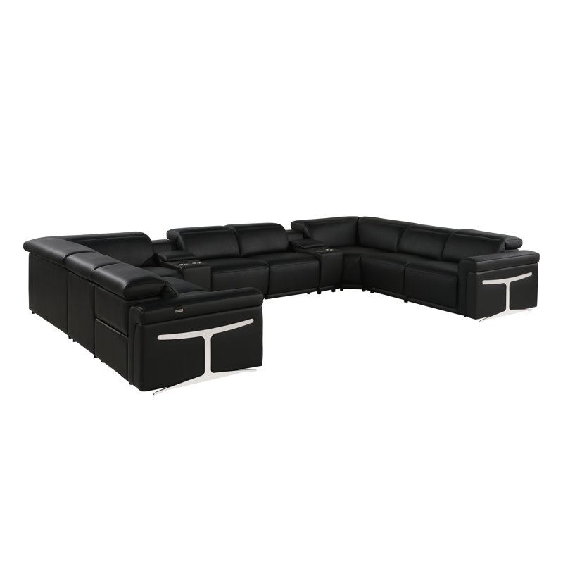 Stanwinn 10 – Piece 4 Power Reclining Top Grain Italian Leather Sectional with Power Headrest, Black Genuine Leather