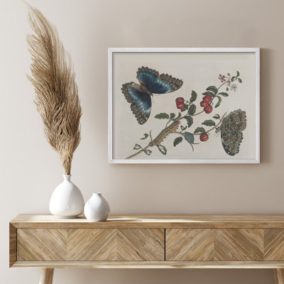 "Papillon chenille sur des branches de fruits, art encadré, affiches, salle de bain, petit art mural"
