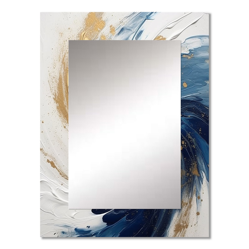 Kilmersdon bleu foncé et or spirale IV - abstrait spirales murales uniques, miroir bleu, art imprimé en métal, 32 po x 24 po