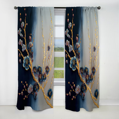 Blue Cherry Blossom Branch II - Tree Bonsai Curtain - Blackout Floral Curtain - 1 Panels