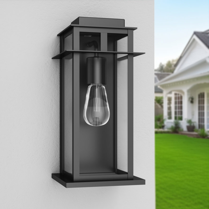 1-Light 13.5"H Black Iron Tempered Glass ETL Outdoor Wall Light with Dusk to Dawn