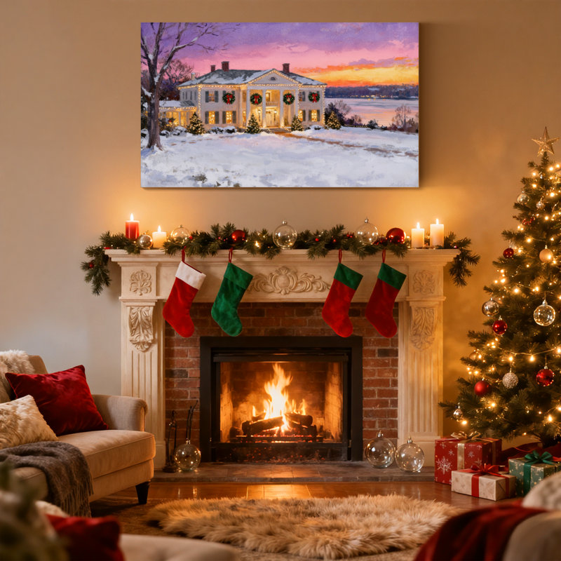 «Christmas Winter House Christmas Lights Sunset Snow Landscape», ensemble de 3 impressions sur toile, H 20 po x l 30 po