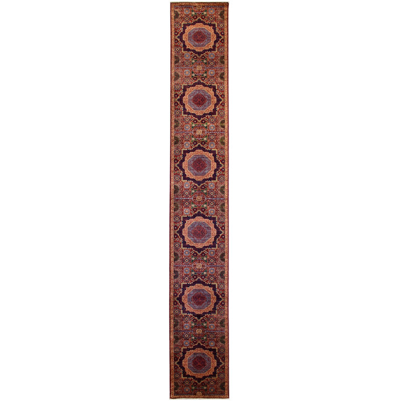 Tapis unique nouvel âge 2 pi 7 po x 19 pi 3 po Mamluk en rouge / rouille / bleu / noir