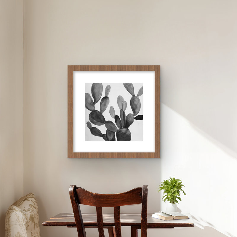 Cactus en niveaux de gris - reproduction botanique encadrée pour la décoration intérieure, H 16 po x l 16 po