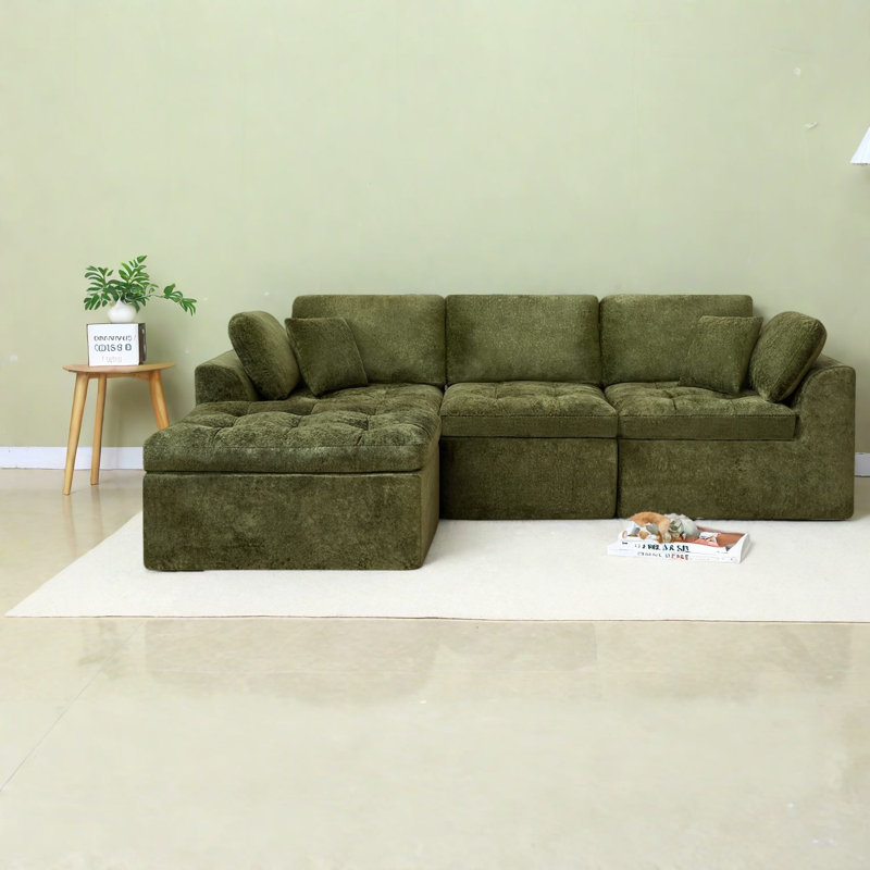 Canapé modulaire moderne en chenille vert, canapé en L spacieux pour la maison