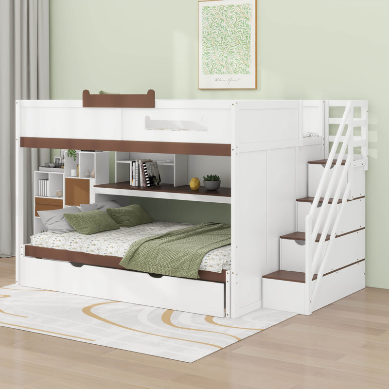 Lit superposé double au-dessus de double avec escalier de rangement et lit gigogne, lits superposés en bois avec tablettes de rangement légères et sous le lit Uppeer