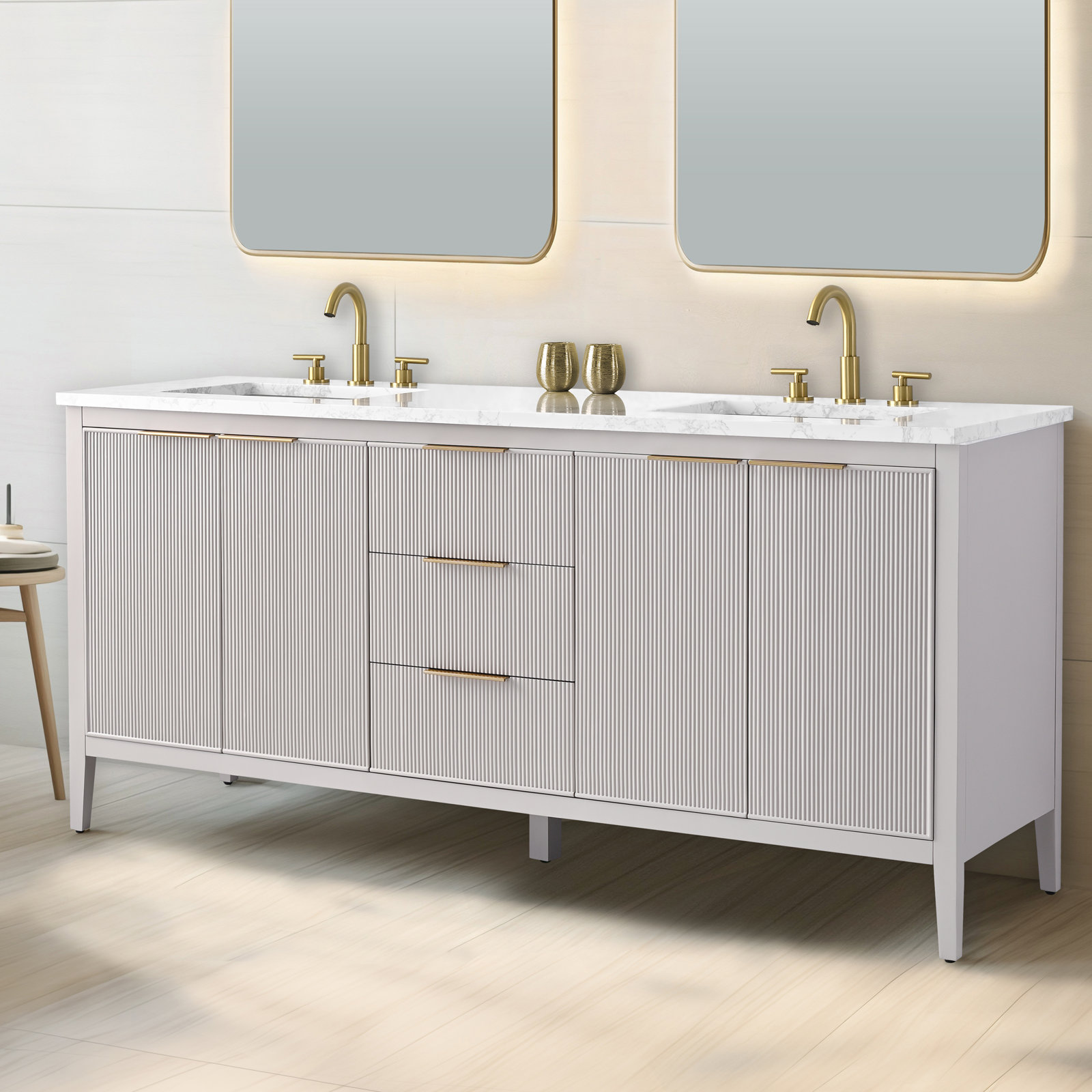 Bilroy 72" Pine Double Bathroom Vanity, Taupe/Brushed Bronze