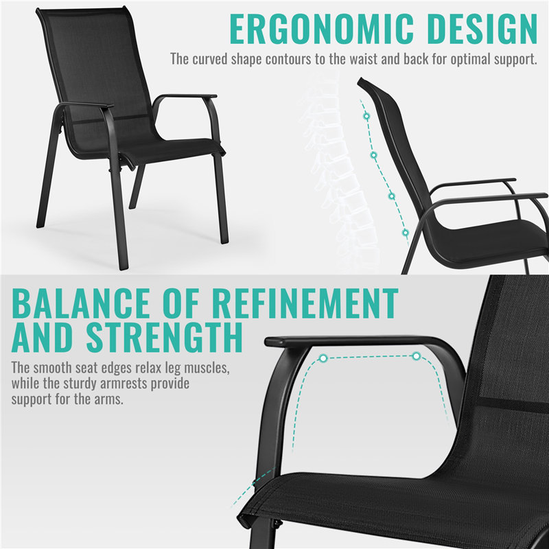 Outdoor Texteline Stackable Dining Chairs with Backrest and Armrests, Black