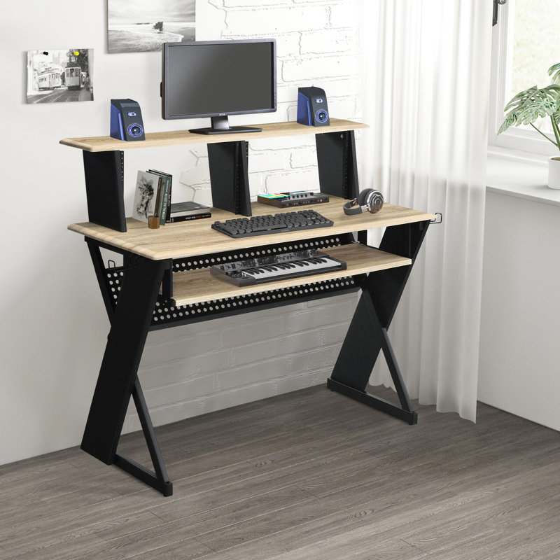 Pupitre rectangulaire avec support pour écouteurs, deux câbles et base traîneau pour les musiciens et les amateurs de rangement de clavier d'ordinateur.