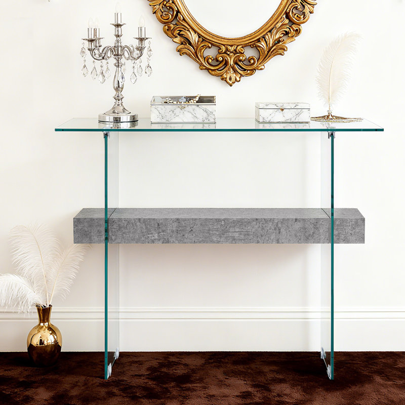 Tempered Glass Console Table with Shelf, Gray, 31.5"H x 39.4"W x 13.8"D