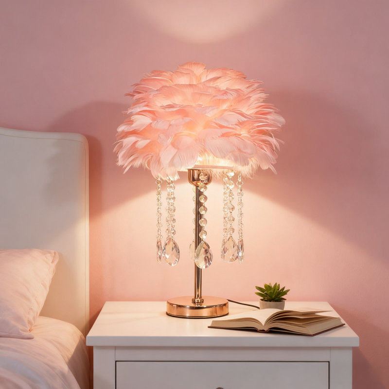 Pink Feather & Crystal Table Lamp - Gold Base (E26 3-color Light Included), Pink