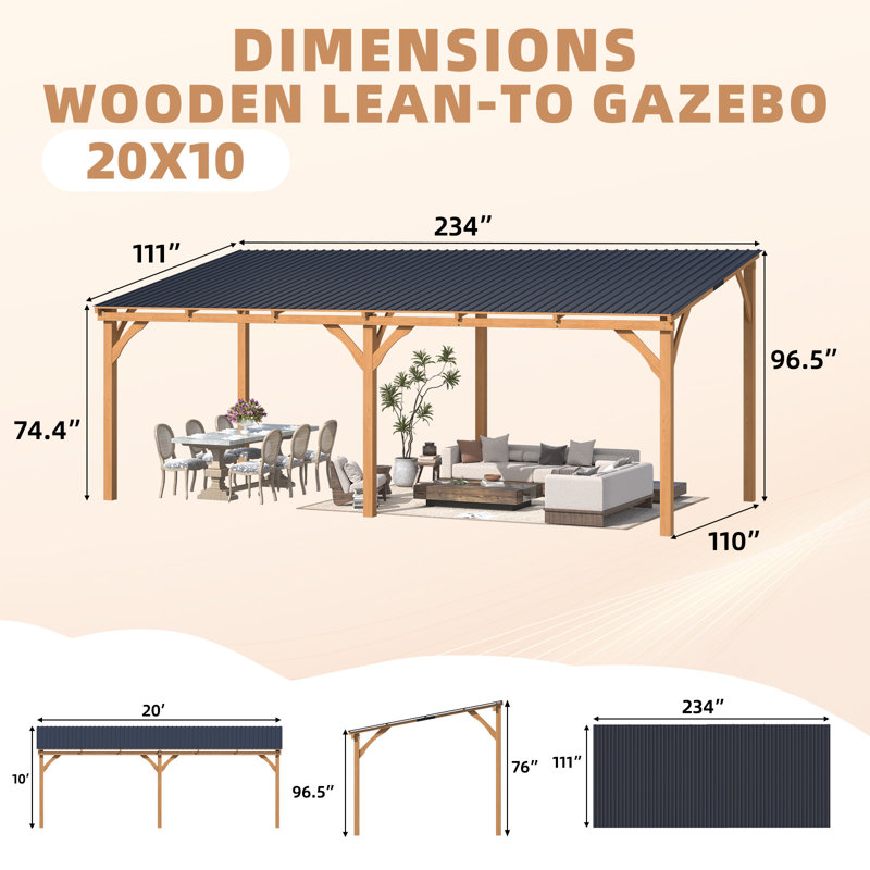 Patio Wood Lean To Hardtop Pergolas, 96.5" H x 234" W x 115" D