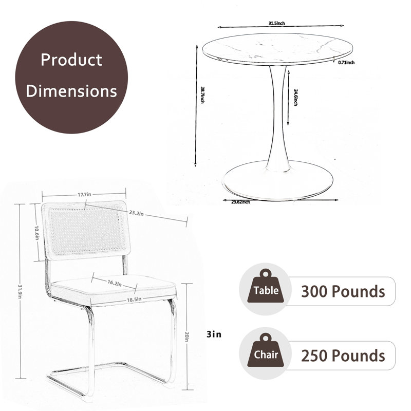 Elegant Dining Room Round Table  Set for 2-4, White Marble, 5, Coffee