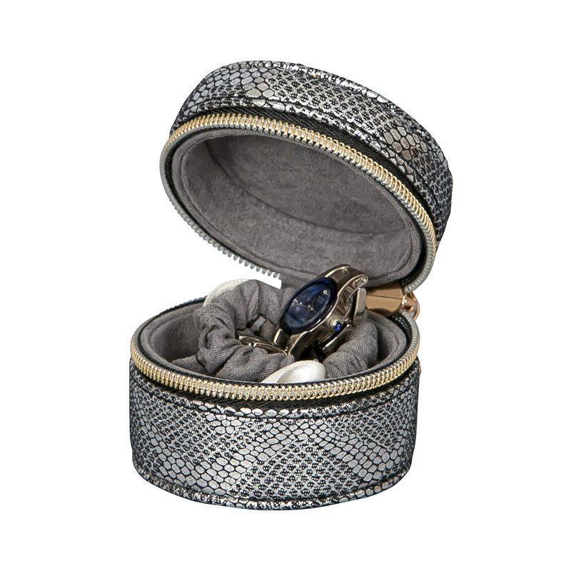 Boîte à bijoux de voyage en cuir végétalien peau de serpent métallique, Argent
