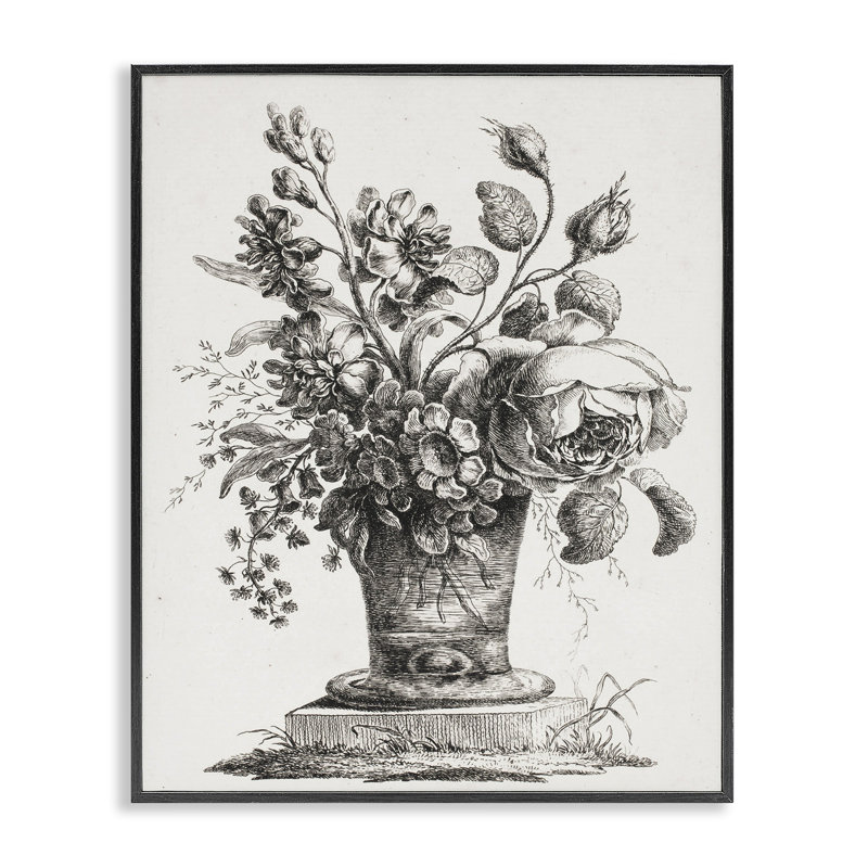 Support à fleur antique, estampe numérique, lettré et doublé, Giclée encadrée noir minuit, H 14 po x l 11 po