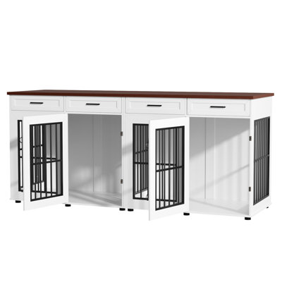 86.7" Double Dog Crates Furniture, Large Farmhouse Dog Kennel With 4 Drawers As Tv Stand, Heavy Duty Dog Cage For 2 Large Dogs