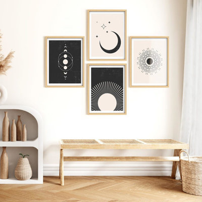 Reproduction d'art encadrée, décor de galerie, soleil levant, croissant de lune avec étoiles, jungle contemporaine, moderne, tropical, coloré pour le salon, la chambre à coucher, le bureau