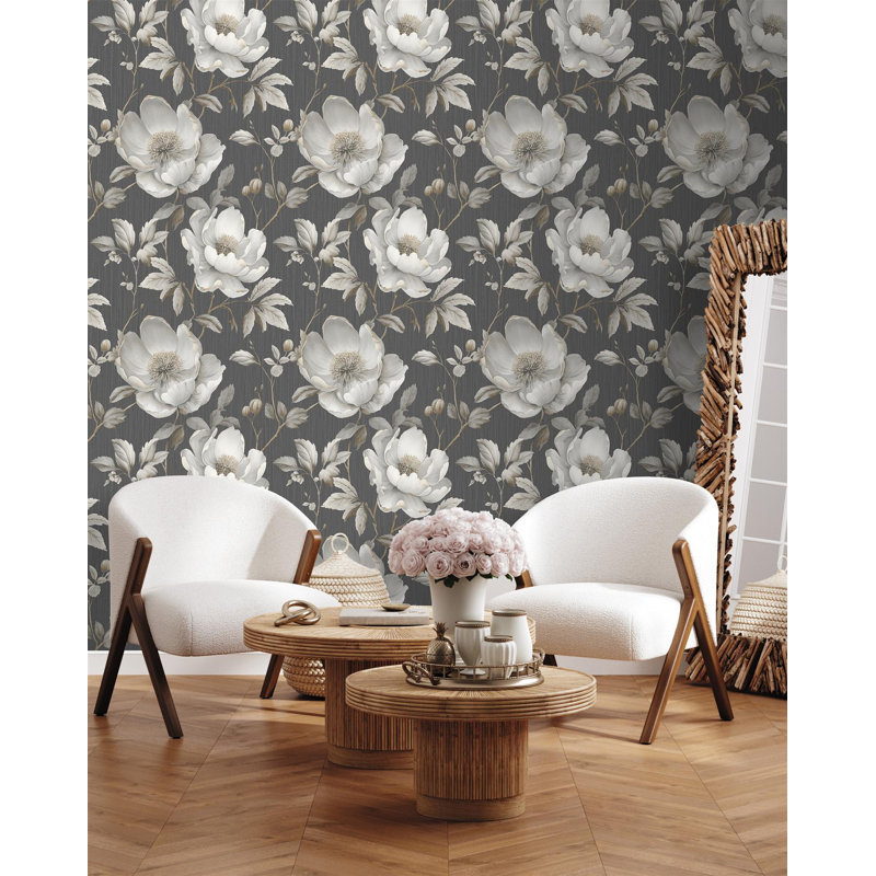  Alethia Floral Wallpaper - For Living Room, Bedroom, Fireplace - Matt Finish, Floral Pattern, Black