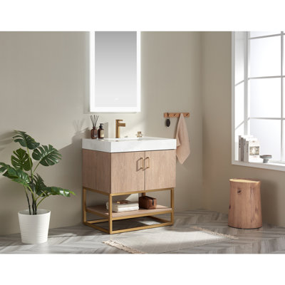 Alistair Chaffins 30" Single Vanity in North American Oak with White Grain Stone Countertop Without Mirror