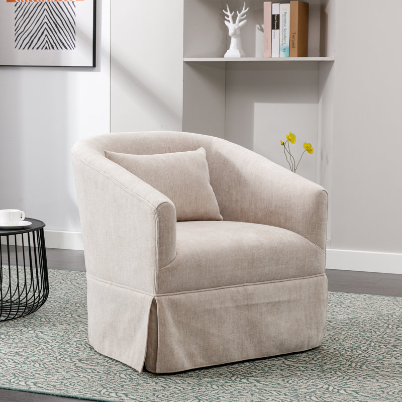 360-Degree Swivel Upholstered Armchair with Accent Pillow, Beige Linen Blend