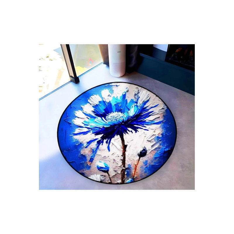 Tapis décoratif moderne bleu et blanc à base de peinture à l'huile, Rond 5 pi