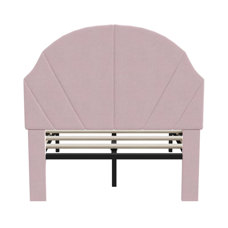 UK & EU Kids Velvet Bed Frame, Scalloped Shell Upholstery Bed with Height-Adjustable Headboard, Beige/Pink, Pink