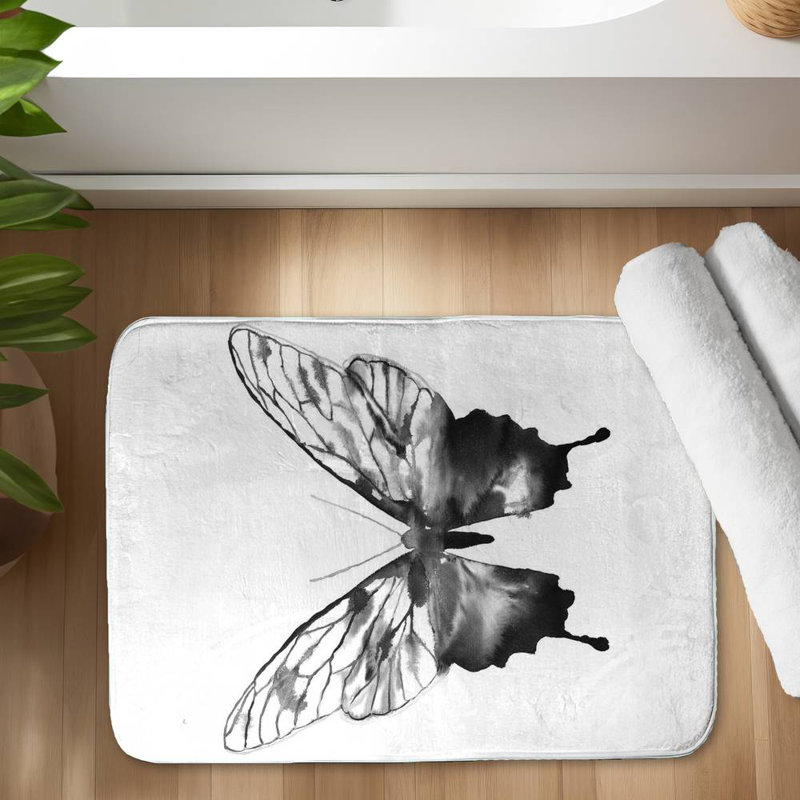 Black butterfly sketch Bath Mat with Non-Slip Backing - Quick Dry Memory Foam Bathroom Rug - Absorbent - Modern Plush Spa-Style - Machine Washable