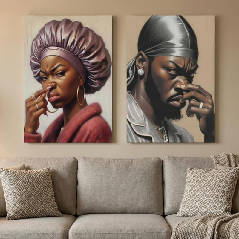 2Pcs Funny African American Bathroom Wall Art Funny Stank face bathroom Wall Decor Canvas Unpleasant Smell Cover Wall Art Pictures Paintings Humor Afrocentric Black Couple Pinch Nose Painting Framed