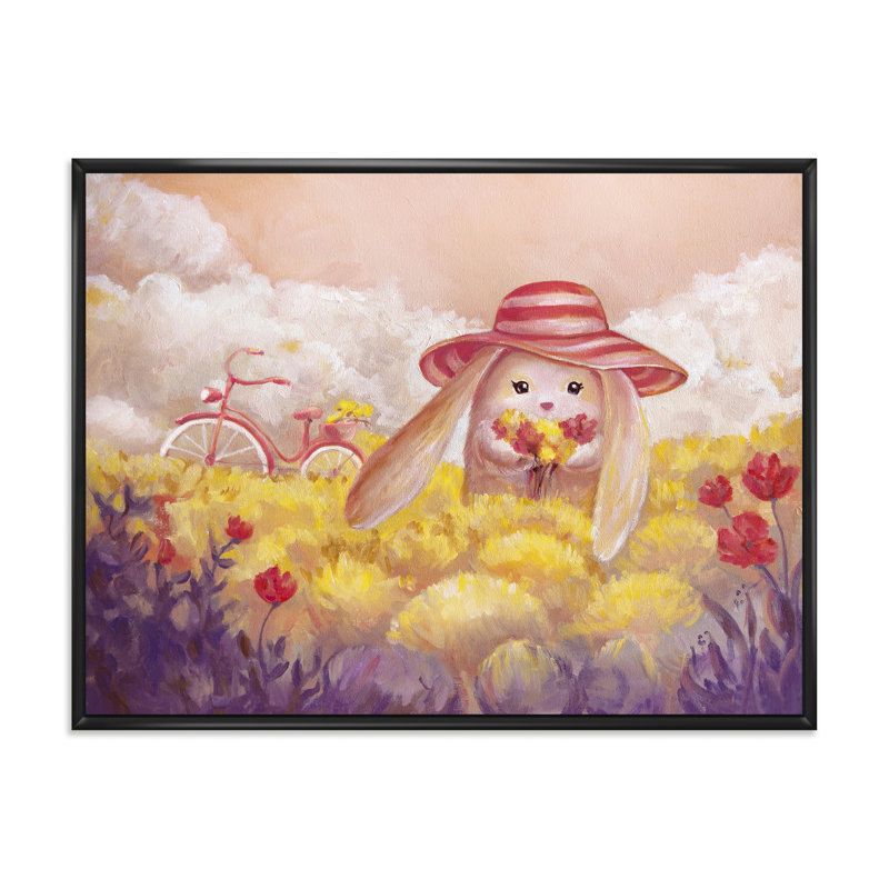 Petit lapin avec des fleurs - Peinture sur toile, H 16 po x l 32 po x p 1 po, Cadre flottant noir