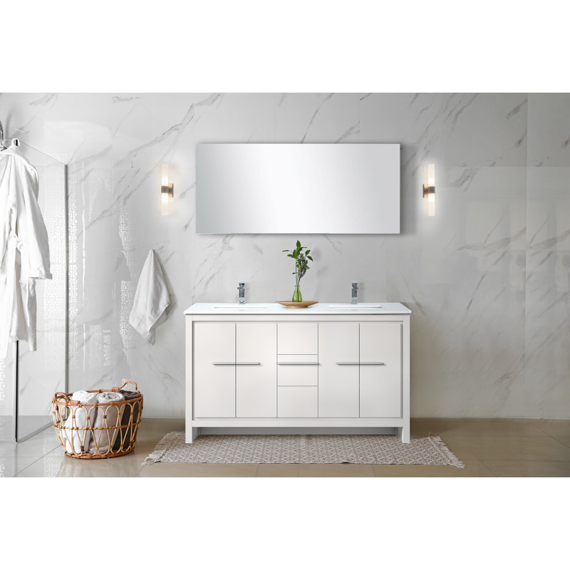Lafarre 60 in W x 20 in D Double Bath Vanity Mirror and Faucet Set, White, White Cultured Marble