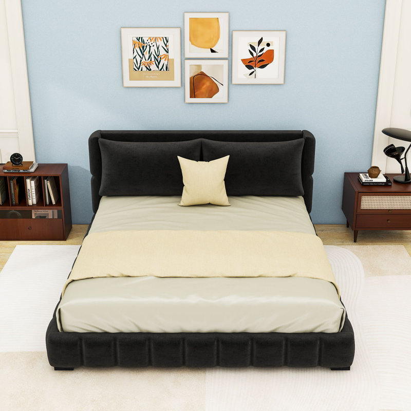 Lit plateforme tapissier avec 2 coussins, Noir, Très grand lit