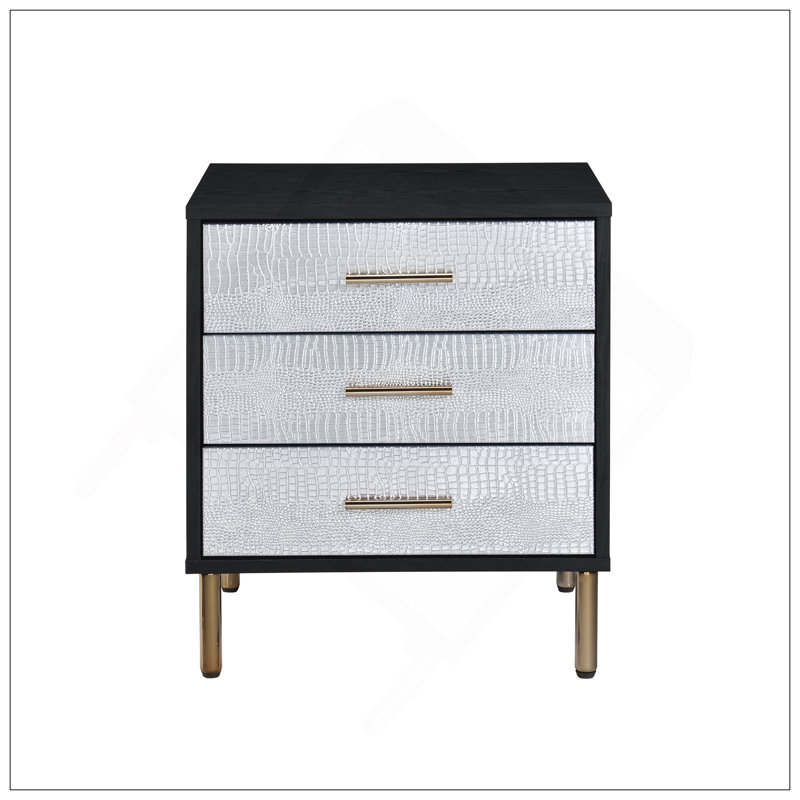 Glamour table de chevet noire 1 pièce avec 3 tiroirs, motif crocodile argenté et pieds à finition dorée pour un décor de chambre à coucher élégant