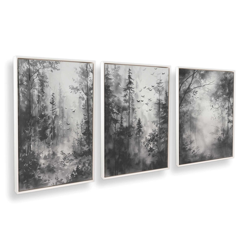 Ensemble de 3 impressions sur toile Forest Enclave, Cadre flottant noir satiné, H 18,75 po x l 38,25 po x P 1,75 po