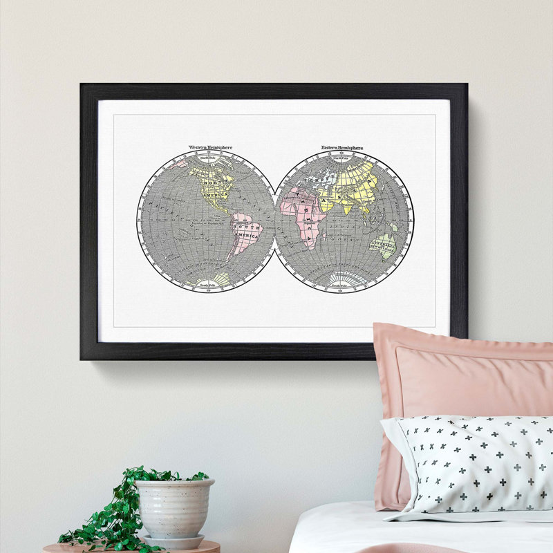 World Map Illustration - Framed Print, 27cm H x 36cm W x 2cm D, Black Framed