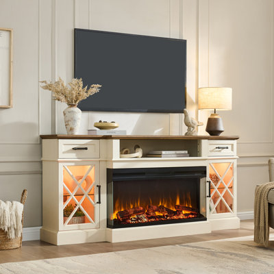 70" Farmhouse  Electric Fireplace TV Stand for TVs Up to 80" with Glass Door Cabinets & Timer
