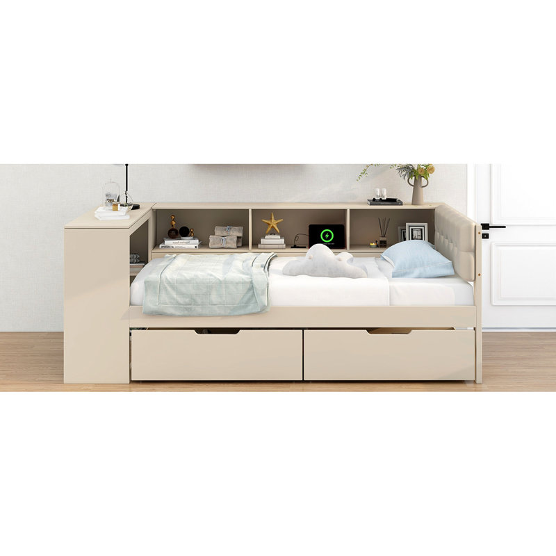 Latitude Run® Wood Platform Bed In Cream With Storage Areas, Drawers ...