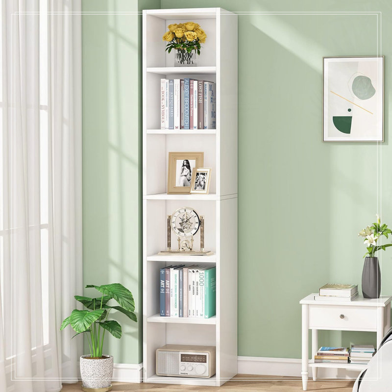 Bibliothèque à 6 coins étroits pour salon, bureau, chambre à coucher, Blanc