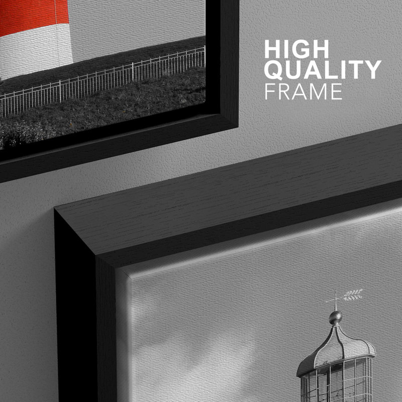 Bright Color Lighthouse with Black and White Landscape Modern Wall Decor, 24" H x 48" W, Black Floater Framed