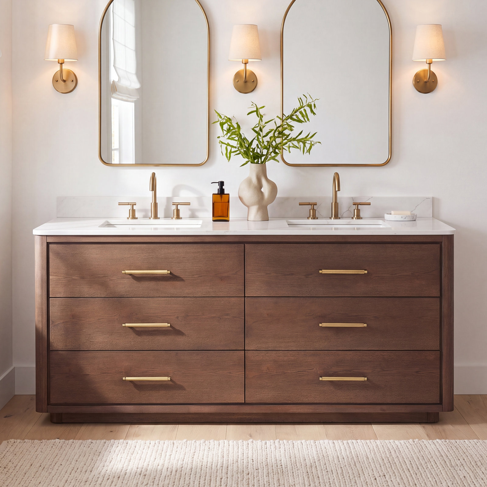 Porto 72'' Double Bathroom Vanity, Dark Brown Oak, Gold